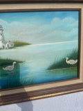 Lighthouse and Egrets Seascape Painting on Canvas, Signed by the Artist, Framed