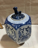 Vintage Blue and White Jar and Lid With an Animal Figure Accent