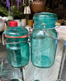Pair of Teal Blue Glass Vintage Ball Jars With Lids