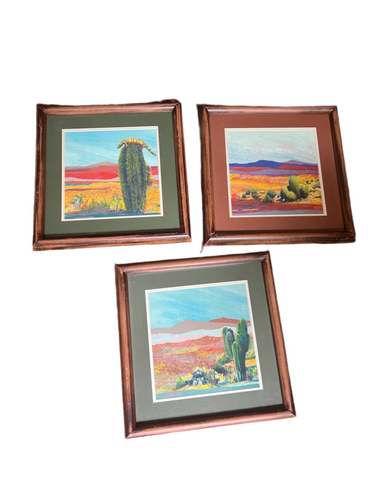 Trio of Desert Cactus Paintings in Wooden Frames