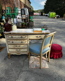Vintage Regency White Wooden Desk With Gold Accents and Matching Chair- Needs Reupholstery