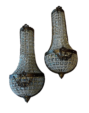 Pair of Vintage Dark Bronze and Crystal Wall Sconces