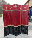 Large Bright Red Art Deco Screen With Gold Accents