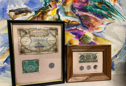 France and Italy Money Framed Antique