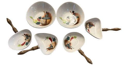 Porcelain Skillet, Dipping Dish, Vintage Appetizer Set With Wooden Handles- Set of 6