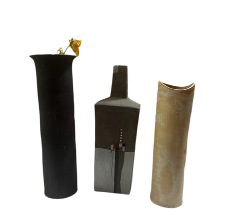 Trio of Handmade and Hand Painted Pottery Vases