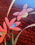 Vintage Round Wooden Asian Style Tray With Floral Accents