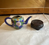 Vintage Blue Cloisonné Floral Teapot With Wooden Stand