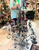 Large Scrolling Black Metal Vintage Chandelier With Leaf Details