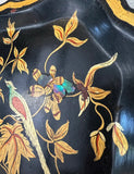 Vintage Asian Floral Black Lacquered Tray With Gold Accents