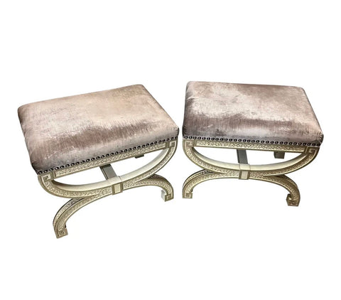 Pair of Vintage Purple Velvet and Wooden Ottomans