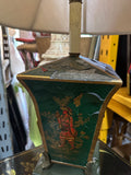 Vintage Asian Green Metal Lamp with Red Figure Accents- Condition Issues