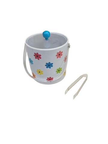 Floral Plastic Vintage Ice Bucket With Clear Tongs