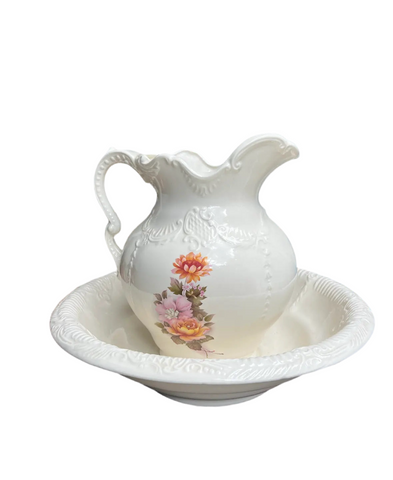 Large White Ceramic Teapot and Bowl With Floral Details