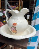 Large White Ceramic Teapot and Bowl With Floral Details