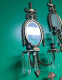 Pair of Vintage Brass and Crystal French Mirrored Candle Wall Sconces