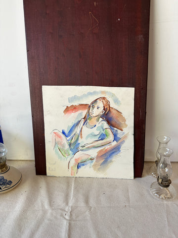 Watercolor Expressionism Painting of Sitting Girl
