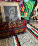 Wooden Vintage Red Shelf With Carved Details and Drawers
