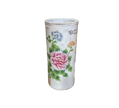 Vintage Asian Style White Ceramic Skinny Vase With Floral Accents