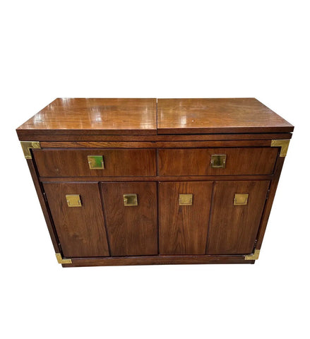 1970s Thomasville Campaign Style Walnut Bar Cart With Cabinet and Extendable Flip Top