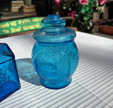 Trio of Blue Glass Jars and Bottles