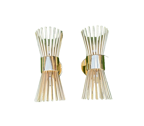 Pair of Gold Metal Small Tubed Starburst Style Wall Sconces