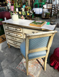 Vintage Regency White Wooden Desk With Gold Accents and Matching Chair- Needs Reupholstery