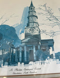 Pair of Blue and White Church Prints, Signed and Framed