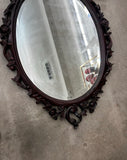 Dark Wooden Oval Mirror and Console Table With Marble Top Pair
