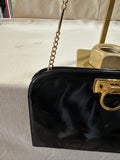 Vintage Black Salvatore Ferragamo Shiny Black Crossbody Purse With Gold Details