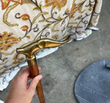 Wooden Cane With Brass Elephant Handle and Flower Accents
