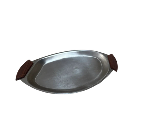 Small Silver Serving Tray With Wooden Teak Handles