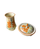Pair of Vintage Floral Hand Painted Dishes, Vase and Bowl With Lid