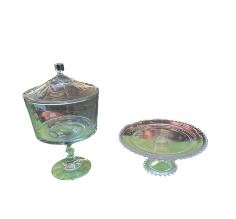 Pair of Glass Pedestal Dessert Dish and Cake Plate