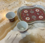 Miniature Set of Vintage Asian Ceramic Cups, Teapot, and Tray- 5 Pieces Total