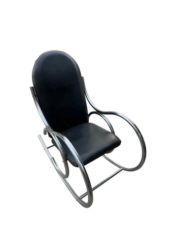 Chrome and Black Leather Vintage Modern Style Rocking Chair