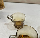 Amber Colored Glasses With Brass Handles and Greek Key Accents- Set of 4