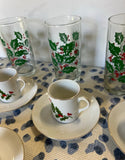 Collection of Vintage Mistletoe Glassware, Espresso Cups With Saucers