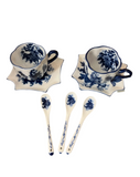 Collection of Blue and White Floral Teacups, Saucers, and Spoons- Set of 7