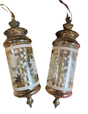Pair of Glass Pendant Lights With Floral and Brass Accents