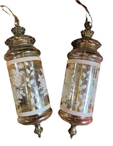 Pair of Glass Pendant Lights With Floral and Brass Accents