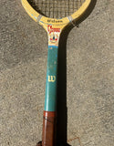 Collection of Vintage Wooden Wilson Tennis Rackets With Cover and Blue and Yellow Accents