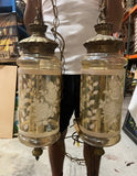 Pair of Glass Pendant Lights With Floral and Brass Accents