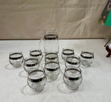 1970s Collection of Small Glasses and Matching Pitcher With Silver Accents- Set of 11