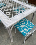 1970s White Wicker Dining Table With Metal Chairs and Blue Accent Cushions
