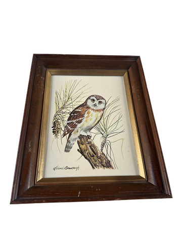 Owl Painting in Wooden Frame, Signed by Artist