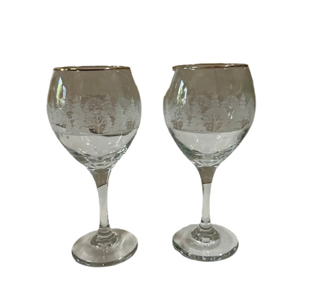 Pair of Gold Rimmed Christmas Themed Wine Glasses