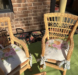 Pair of Miniature Wicker Chairs With Floral Cushions and Matching Ottoman