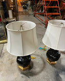 Pair of Black Ceramic MCM Table Lamps With Gold Accents and Shades Included