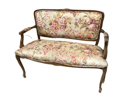 Vintage Wooden Italian Loveseat With Fabric Covered Seats